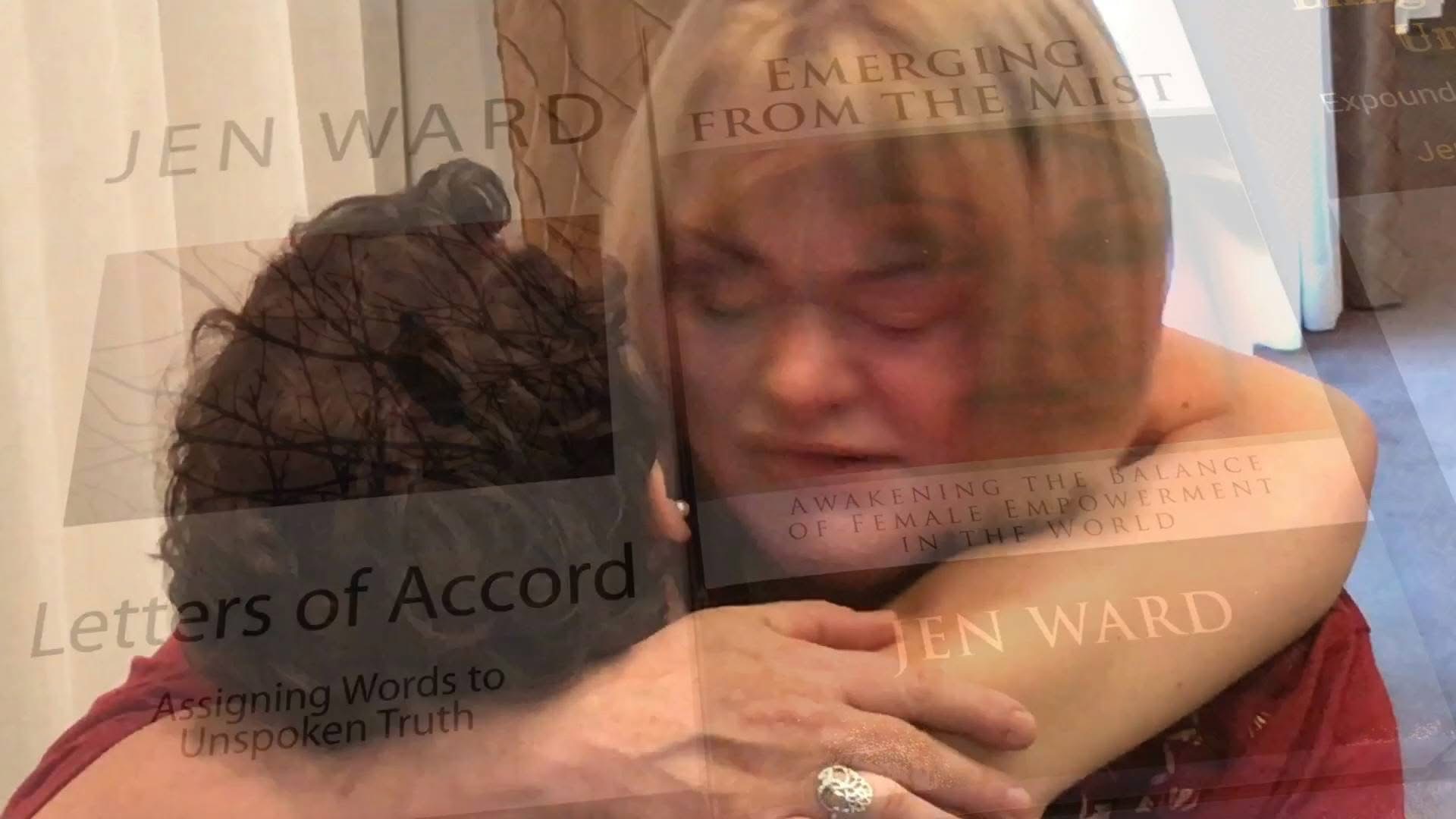 Superimposed photo of Jen Ward hugging a client with images of her book covers
